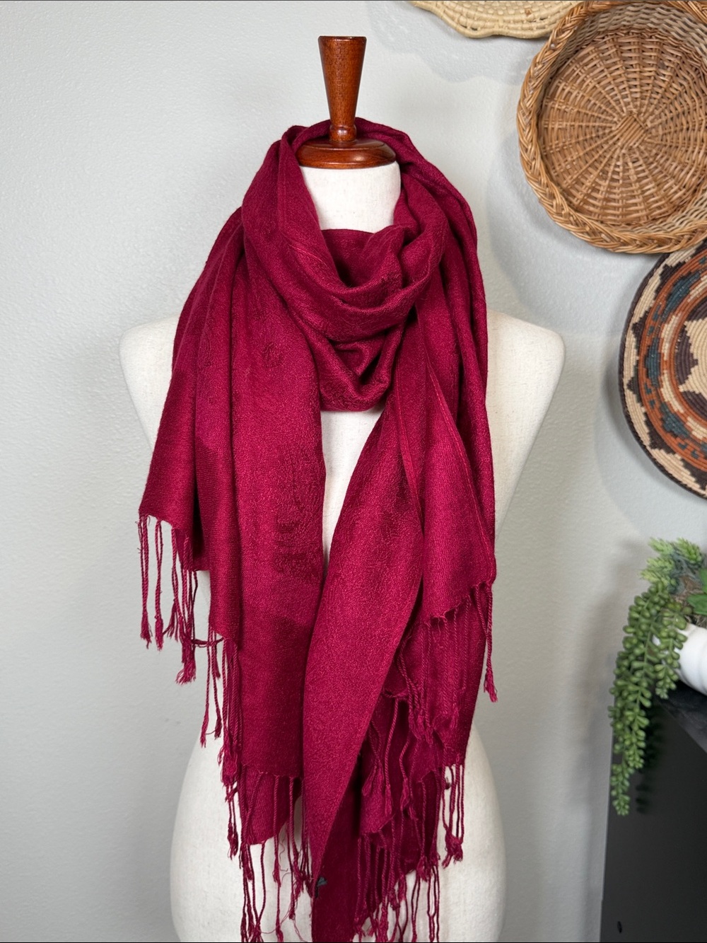 Pashmina Silk Scarf Red Raspberry with Tassels Fringe